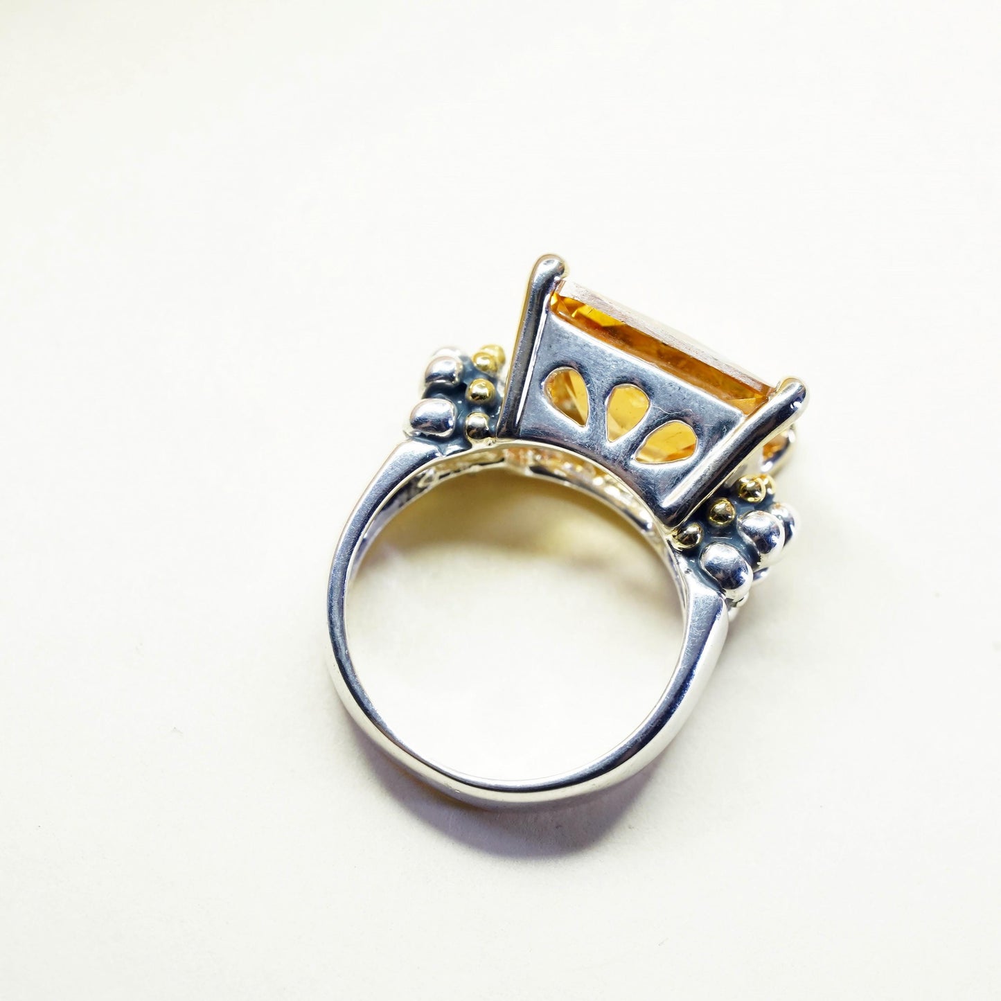 Size 6, vintage Sterling 925 silver cocktail ring citrine 14K yellow gold beads