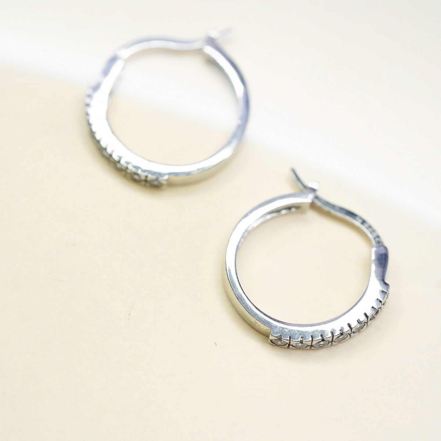 0.75”, Vintage Sterling silver minimalist earrings, 925 huggie hoops with cz