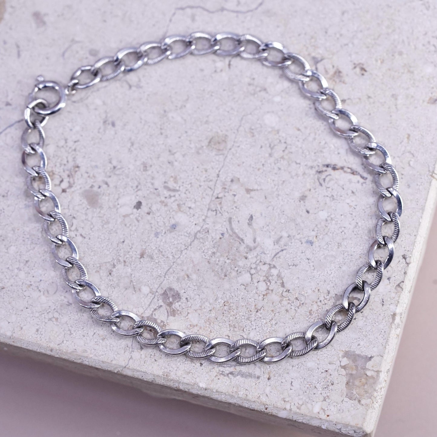 6.75”, vintage Sterling silver handmade bracelet, textured 925 curb link chain