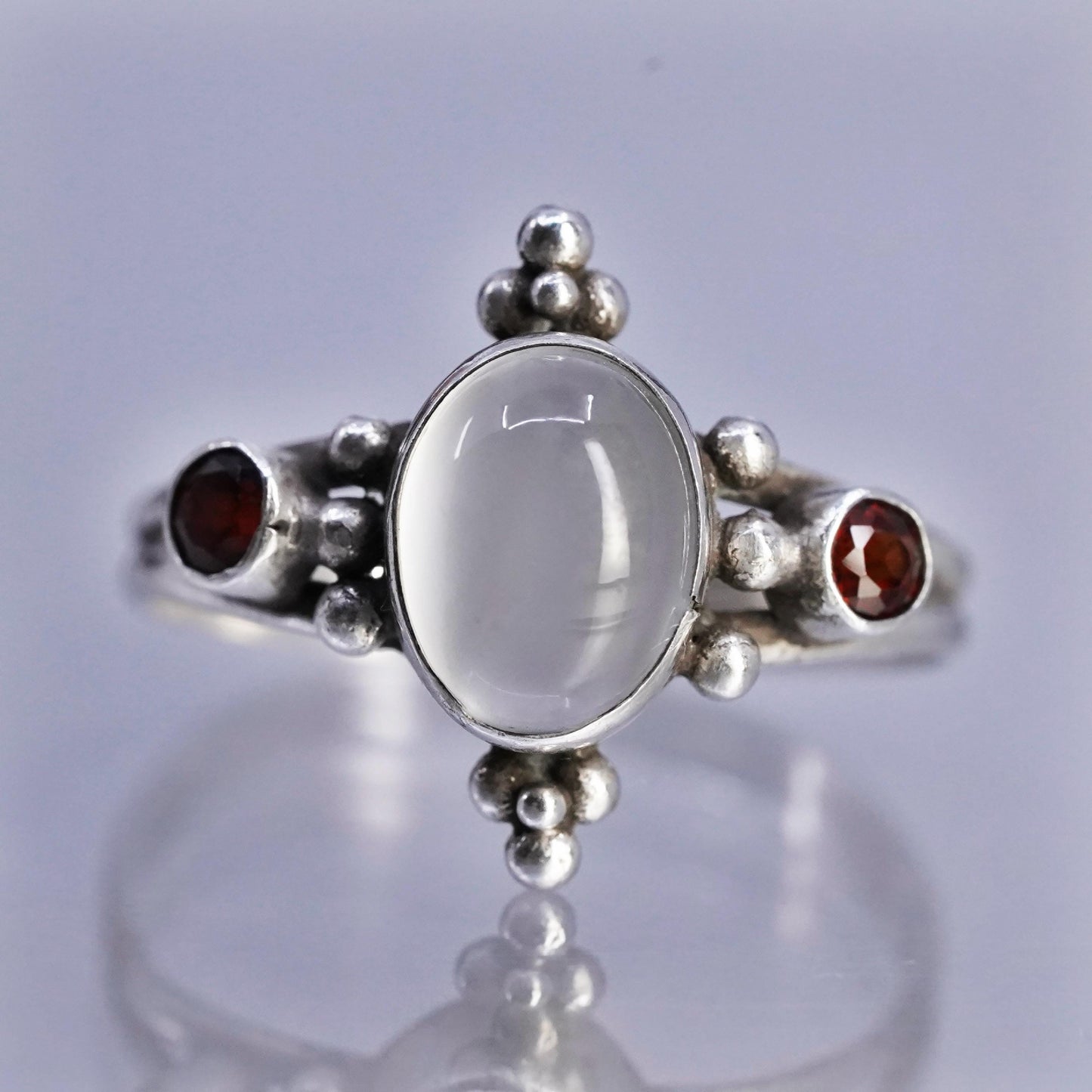 Size 7.5, vintage Sterling 925 silver handmade ring with moonstone and garnet