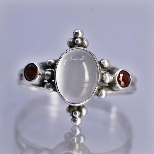 Size 7.5, vintage Sterling 925 silver handmade ring with moonstone and garnet