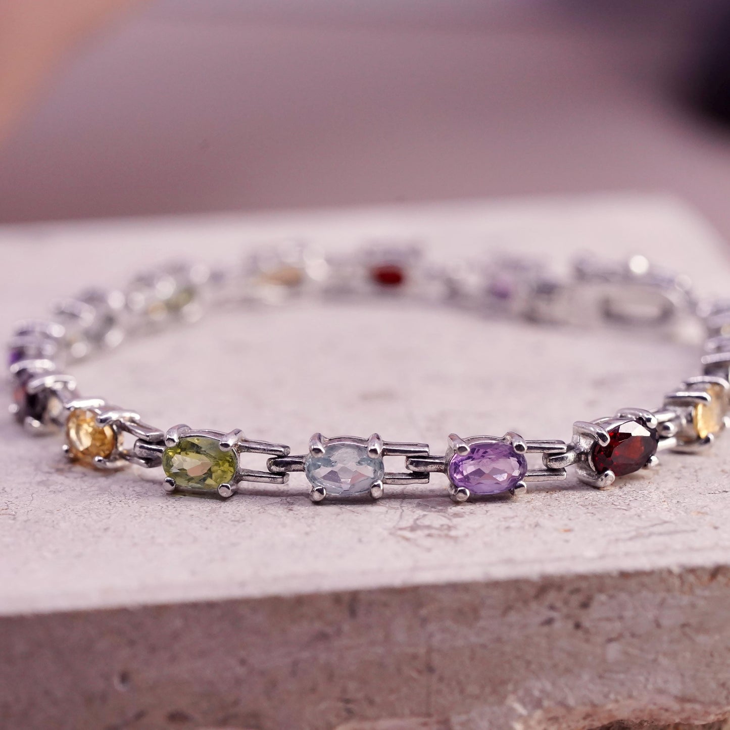 7”, sterling silver 925 tennis bracelet with multi color gemstones ruby peridot