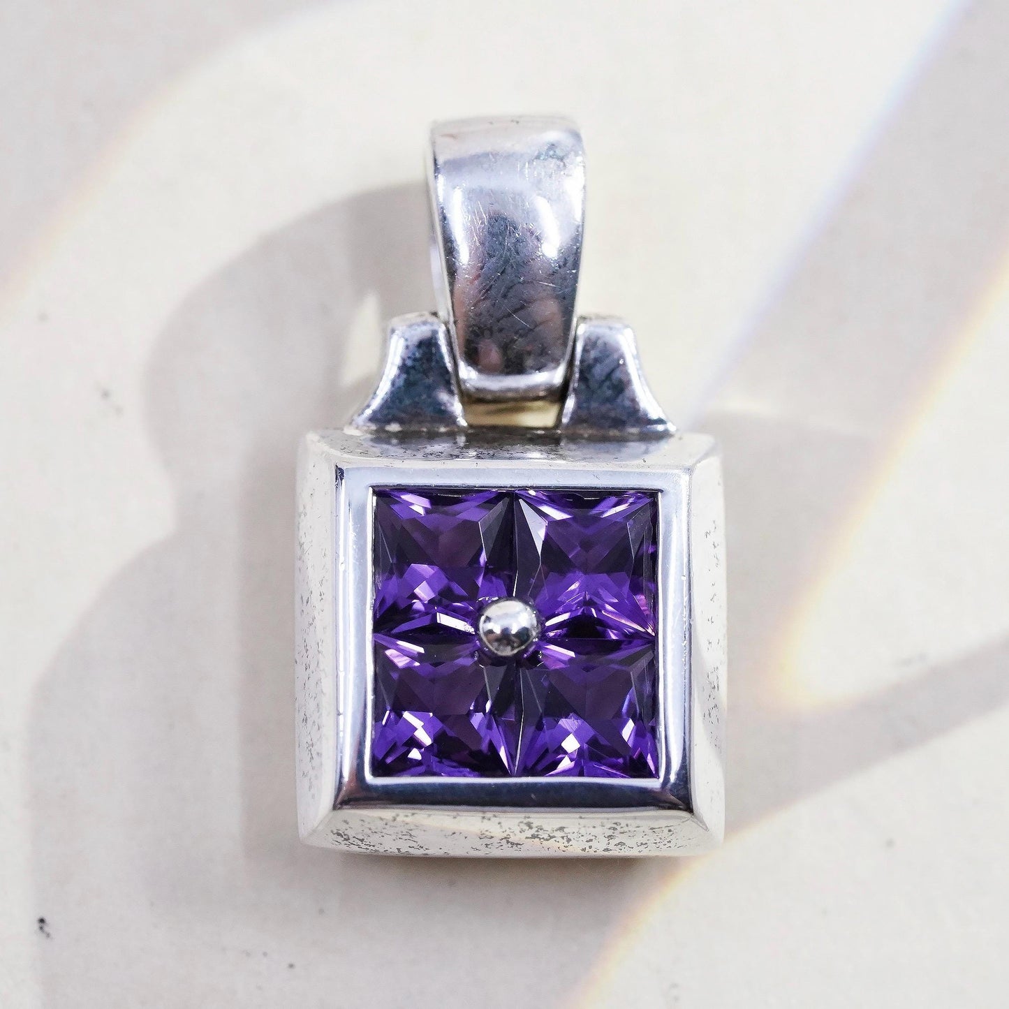 Vintage Sterling 925 silver handmade square pendant with amethyst