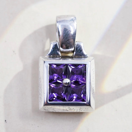 Vintage Sterling 925 silver handmade square pendant with amethyst