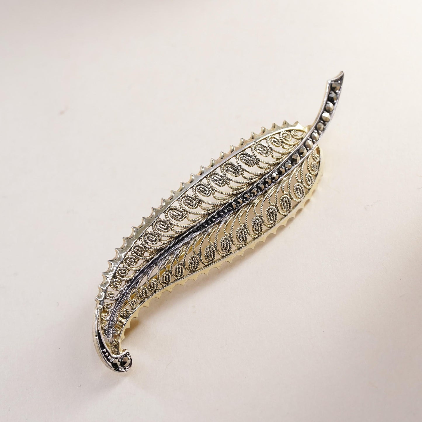 Germany vermeil gold Sterling silver brooch, 925 filigree leaf pin marcasite