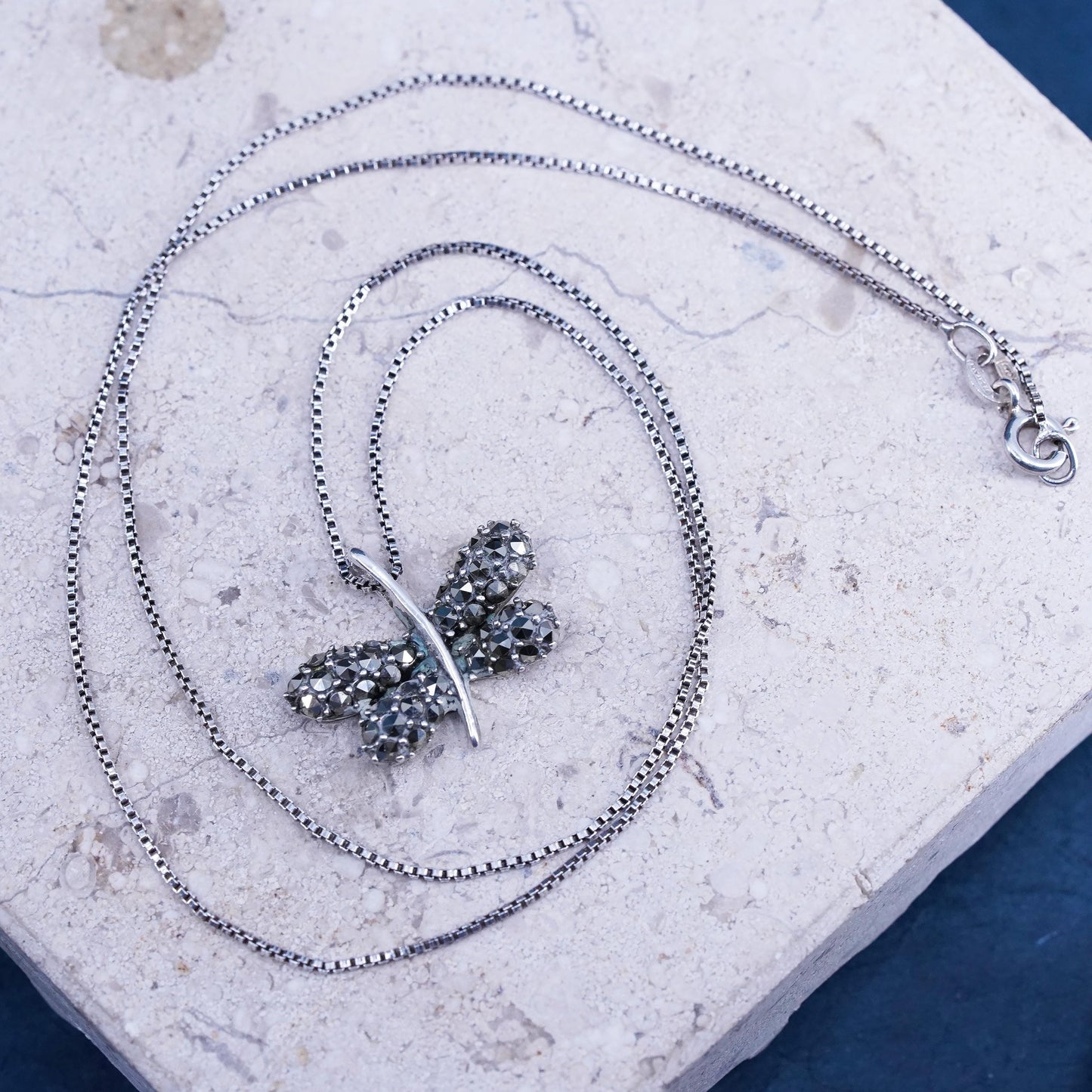 20", VTG Sterling silver necklace, 925 box chain marcasite butterfly pendant
