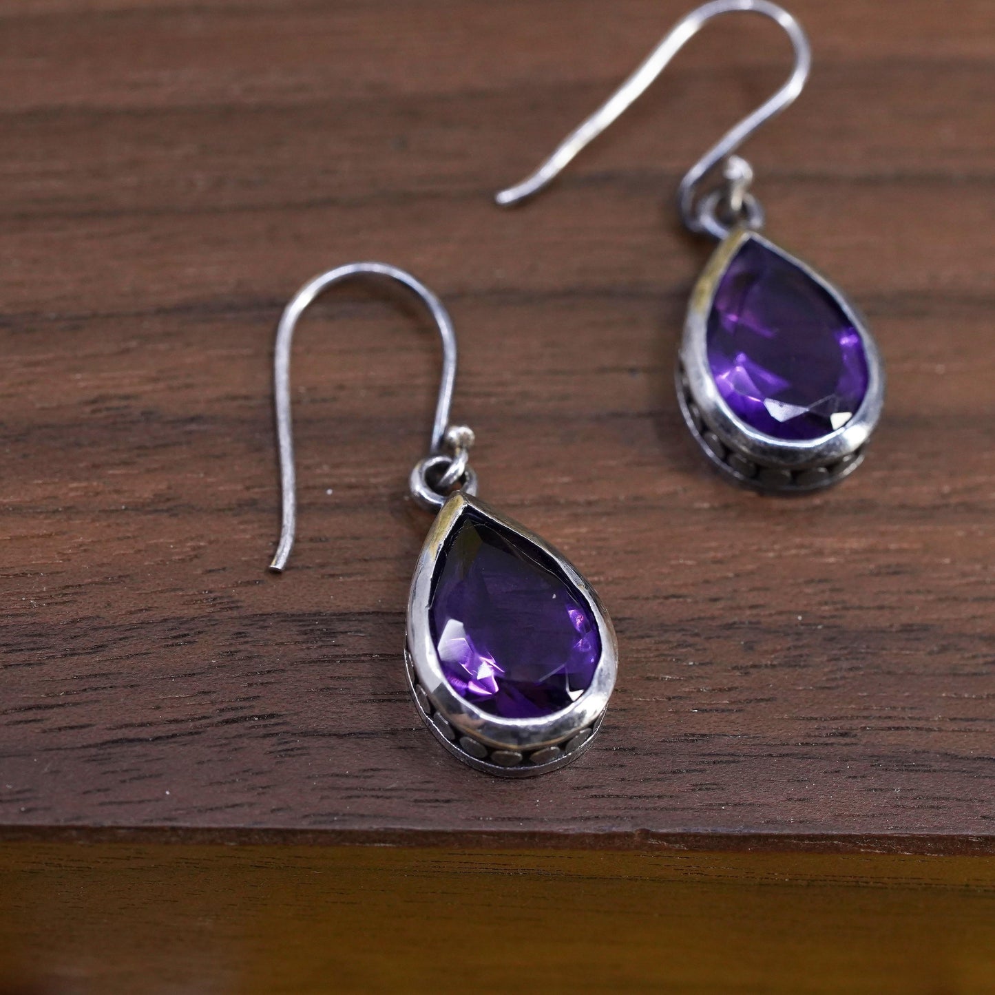 Vintage Sterling 925 silver handmade teardrop earrings with amethyst and beads