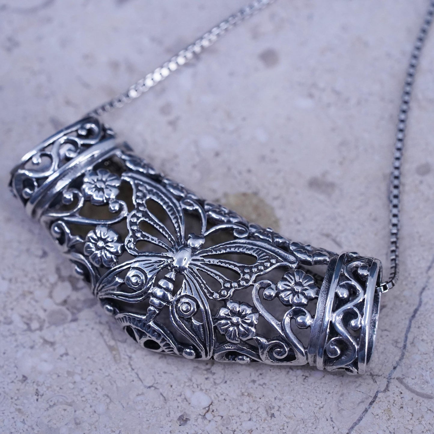 18”, Sterling 925 silver box chain necklace filigree butterfly slide pendant