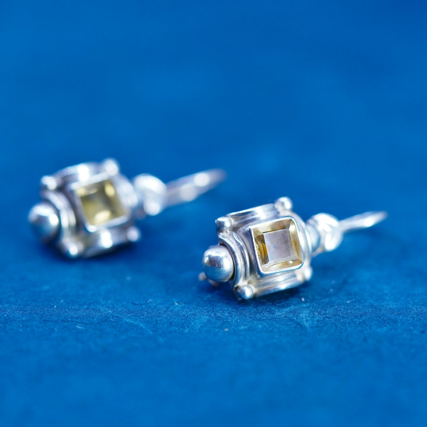 Vintage Sterling 925 silver handmade earrings with square citrine