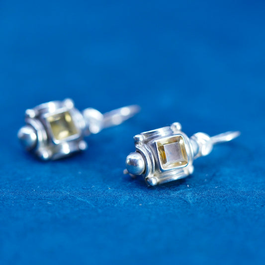 Vintage Sterling 925 silver handmade earrings with square citrine