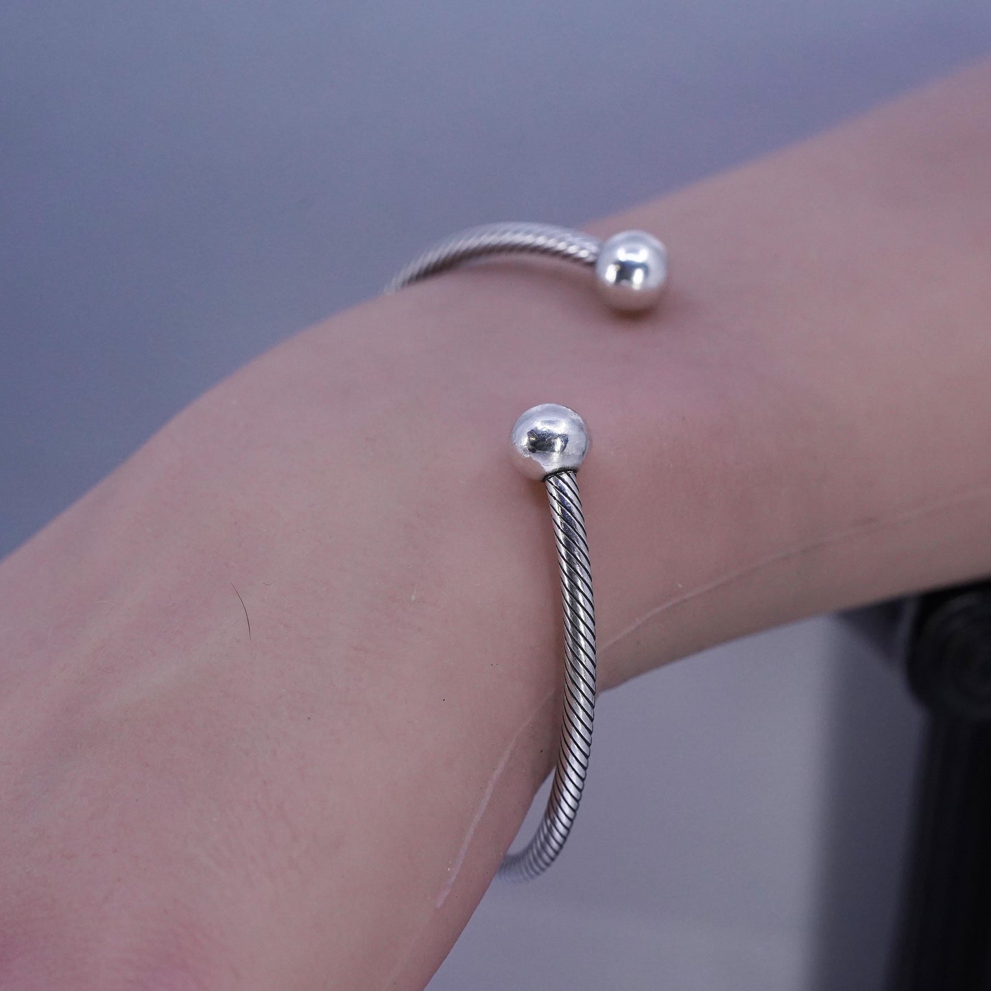 7", Vintage Sterling 925 silver handmade bracelet, cable cuff with beads