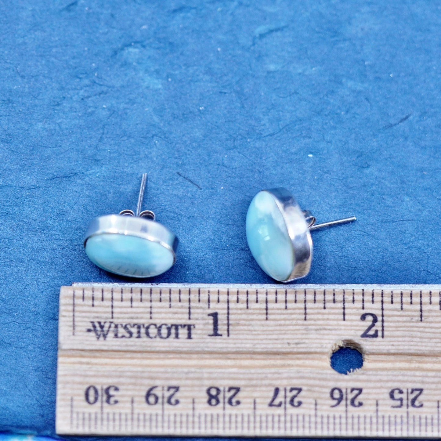 Vintage sterling silver handmade earrings, 925 oval studs with larimar Inlay