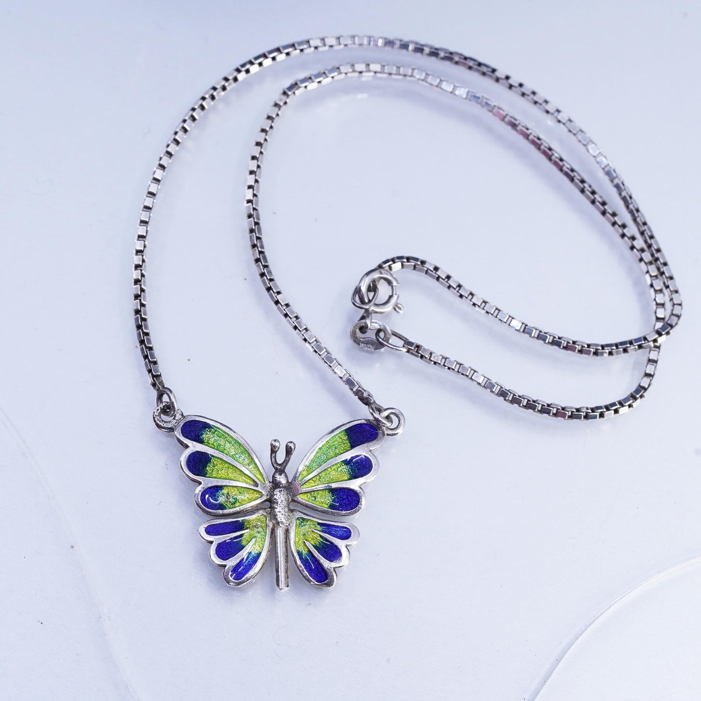 16”, vintage Sterling 925 silver box chain necklace enamel butterfly pendant