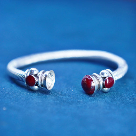 6.25”, Mexico sterling silver handmade bracelet, 925 cable cuff with red jasper