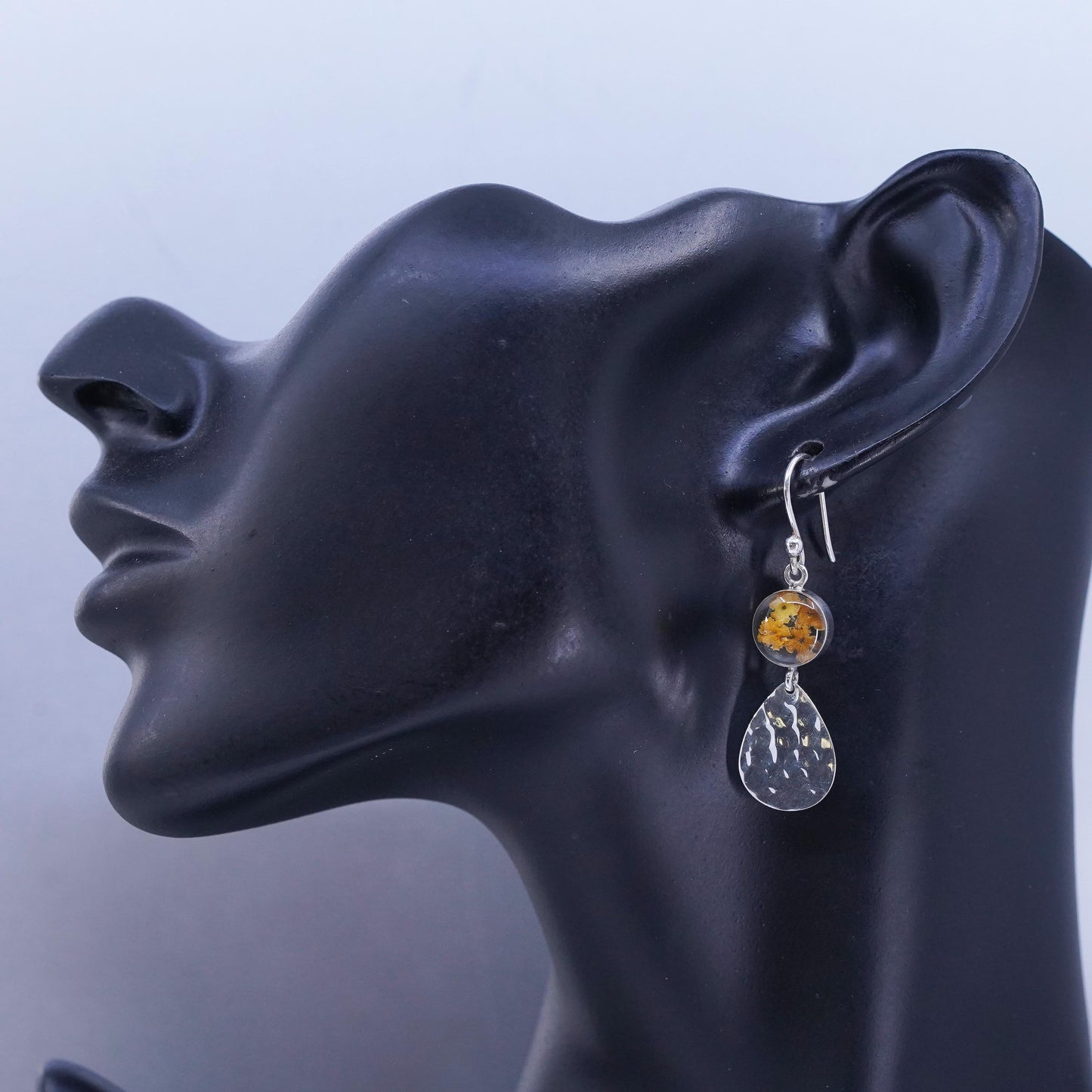 Vintage Sterling 925 silver handmade teardrop earrings with resin flower bead