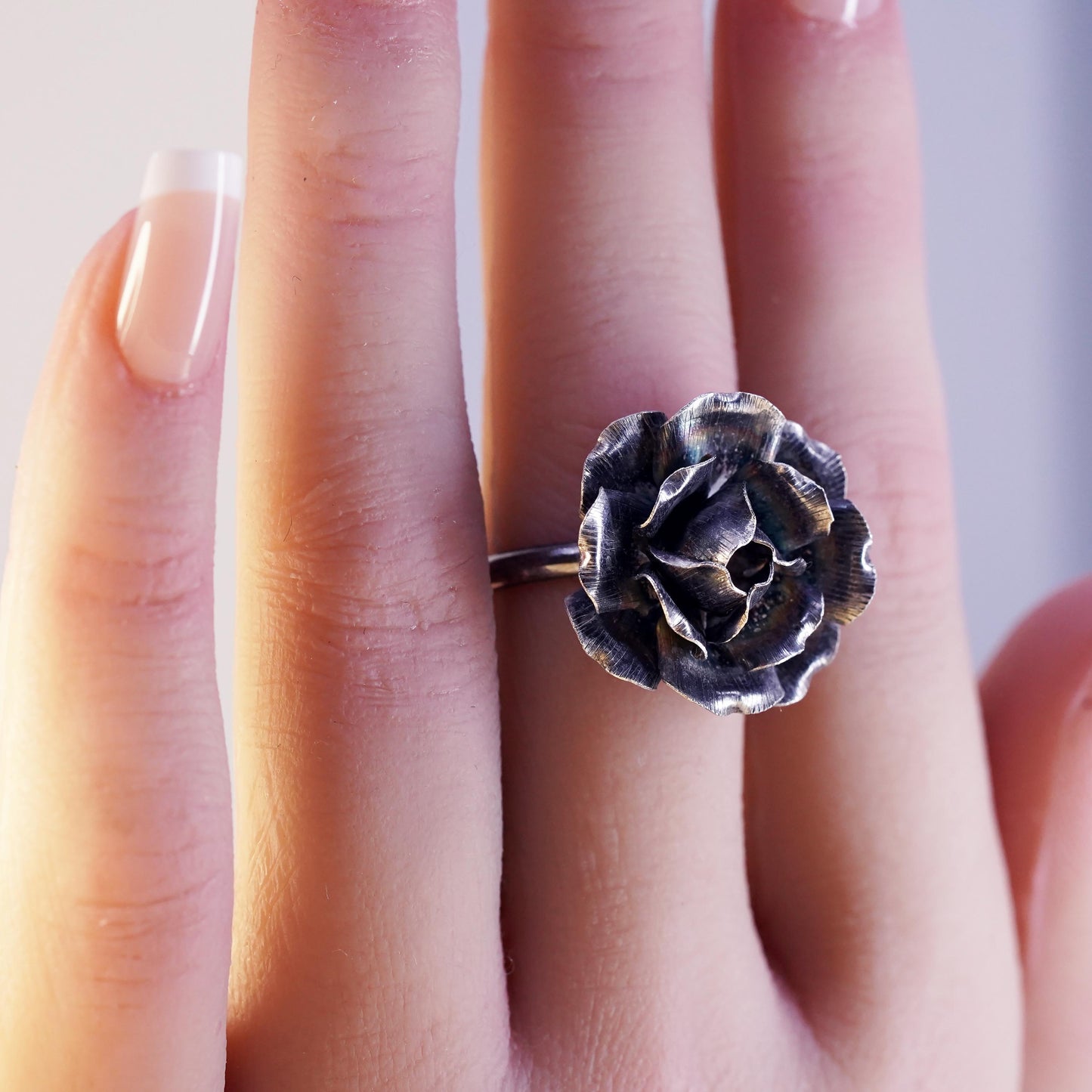 Size adjustable, vintage Mexican Sterling silver ring, 925 rose flower ring