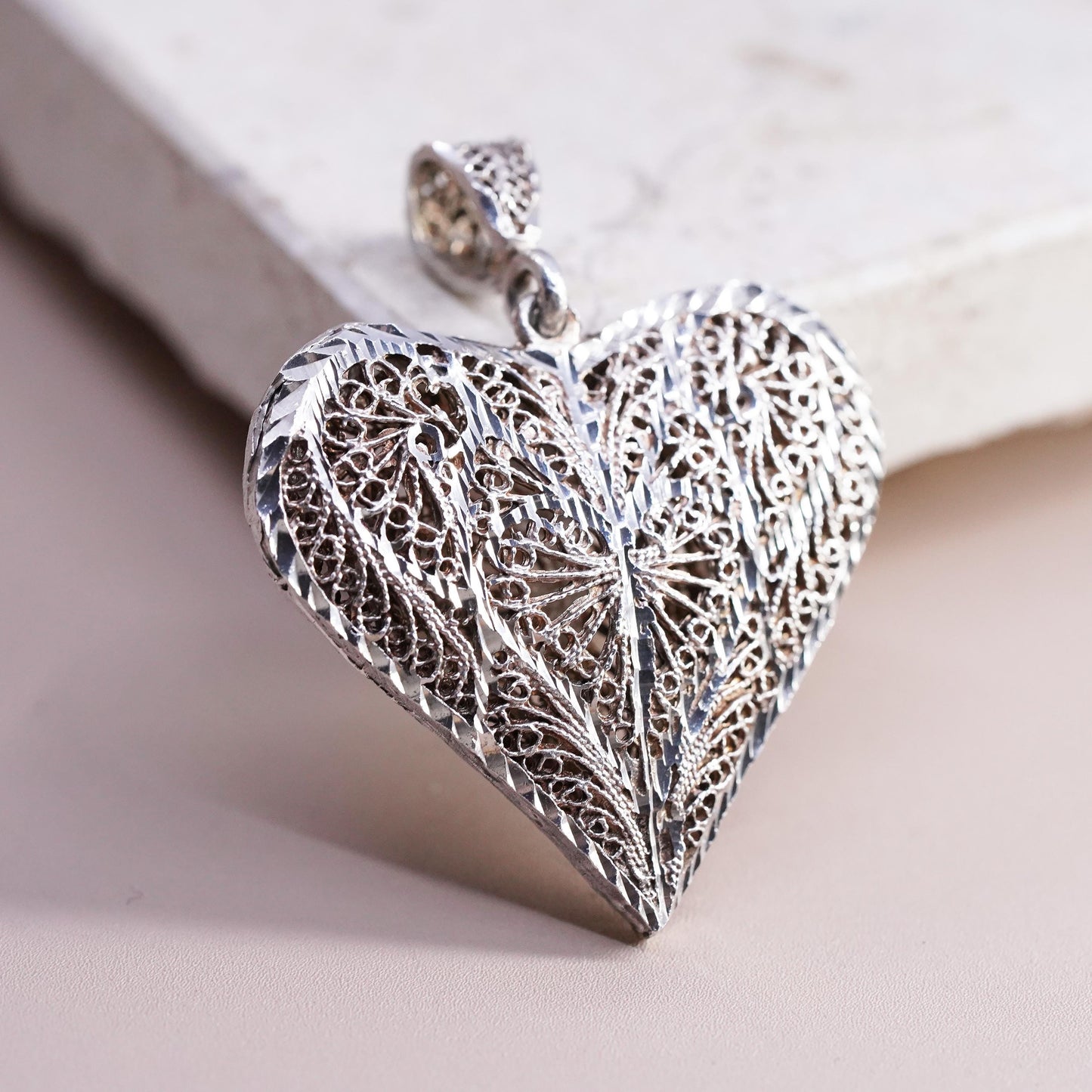 Vintage Sterling silver handmade pendant, 925 puffy filigree heart