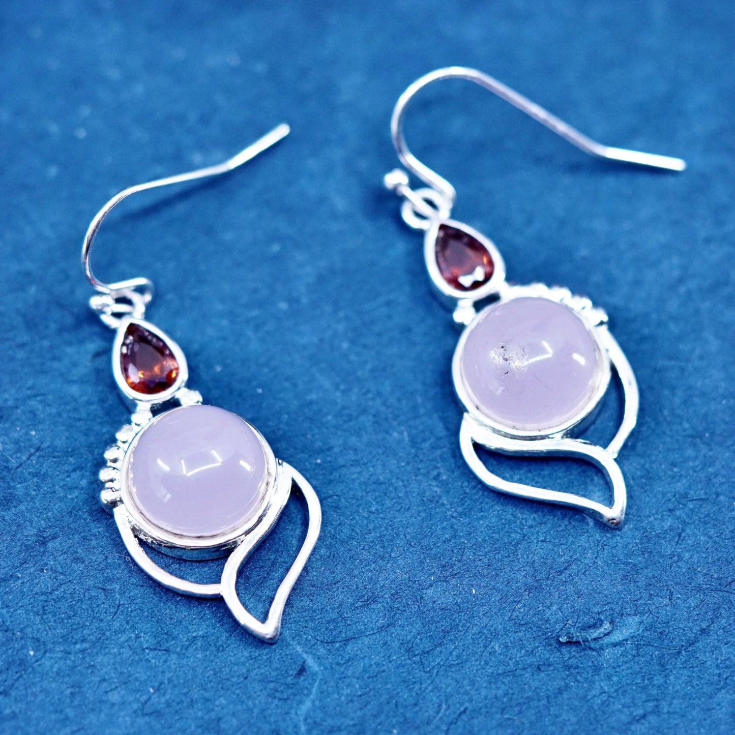 Vintage Sterling 925 silver handmade earrings with pink rose quartz and ruby