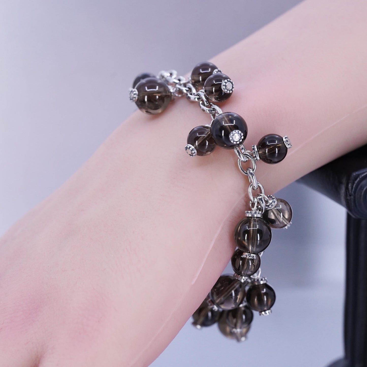 6.75”, Sterling 925 silver bracelet with smoky crystal beads and toggle closure
