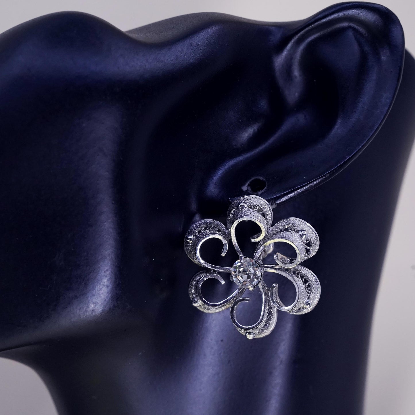 1950s sterling 925 silver earrings snowflake screw back earrings rhinestone