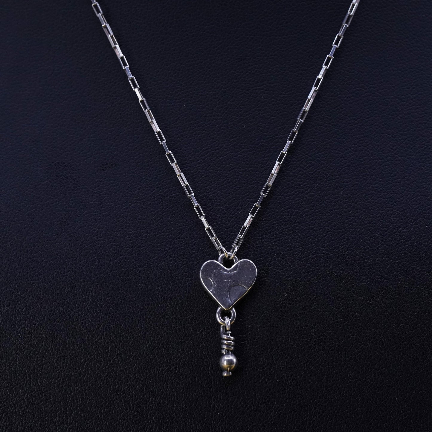 16", sterling 925 Silver elongated chain necklace double sided heart pendant