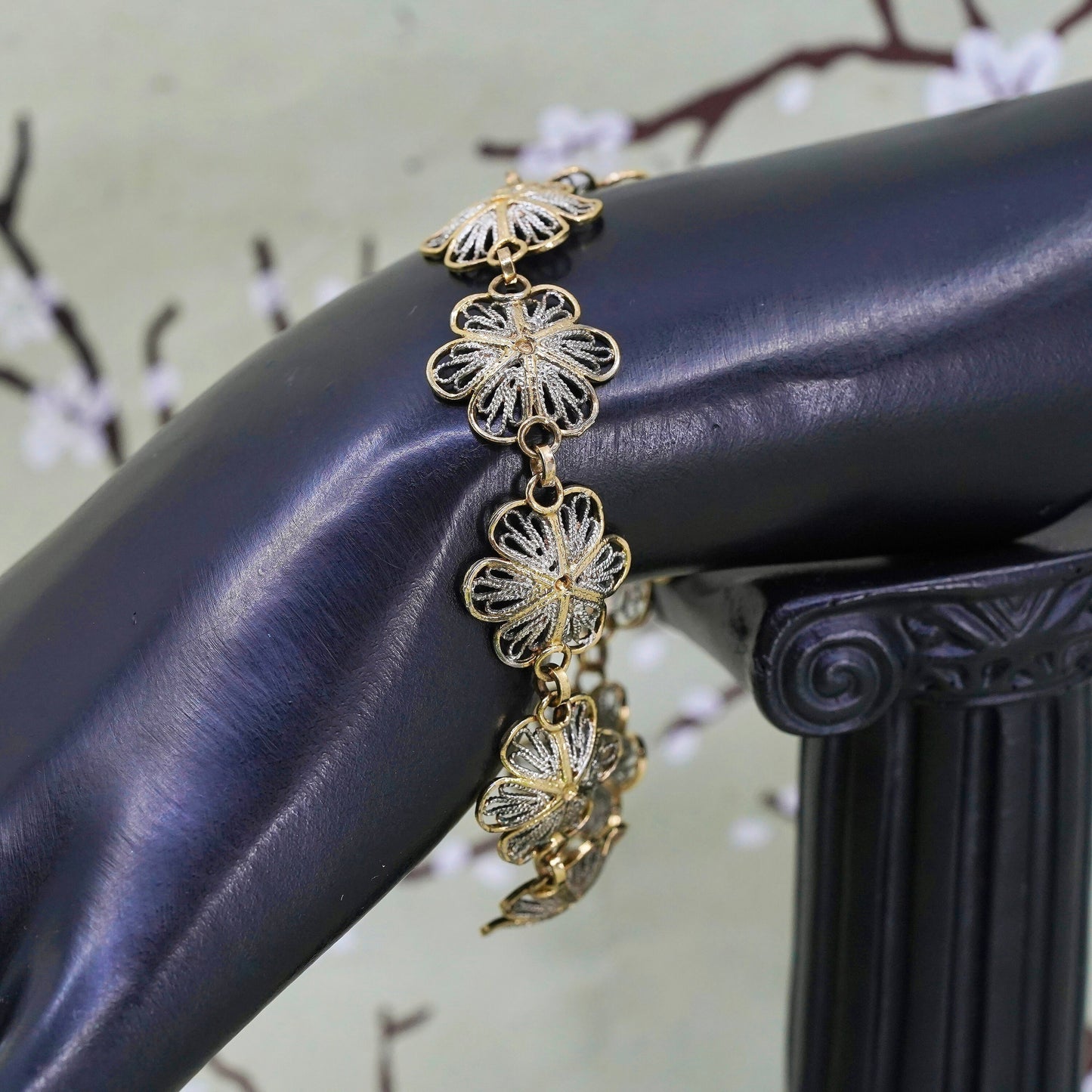 7", Italian sterling silver handmade bracelet, 925 filigree flower link chain