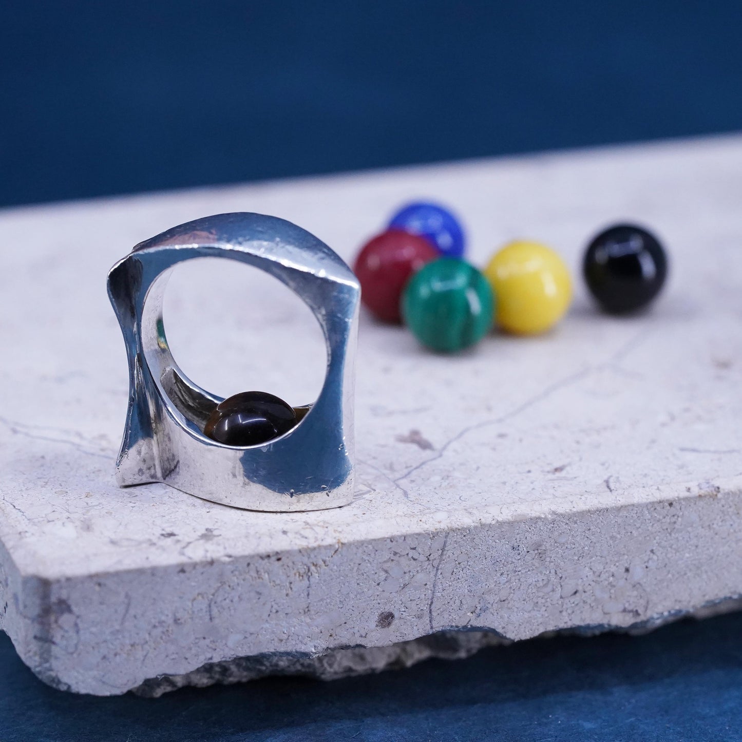 SZ 8, VTG Sterling 925 silver interchangeable fish ring, malachite lapis coral