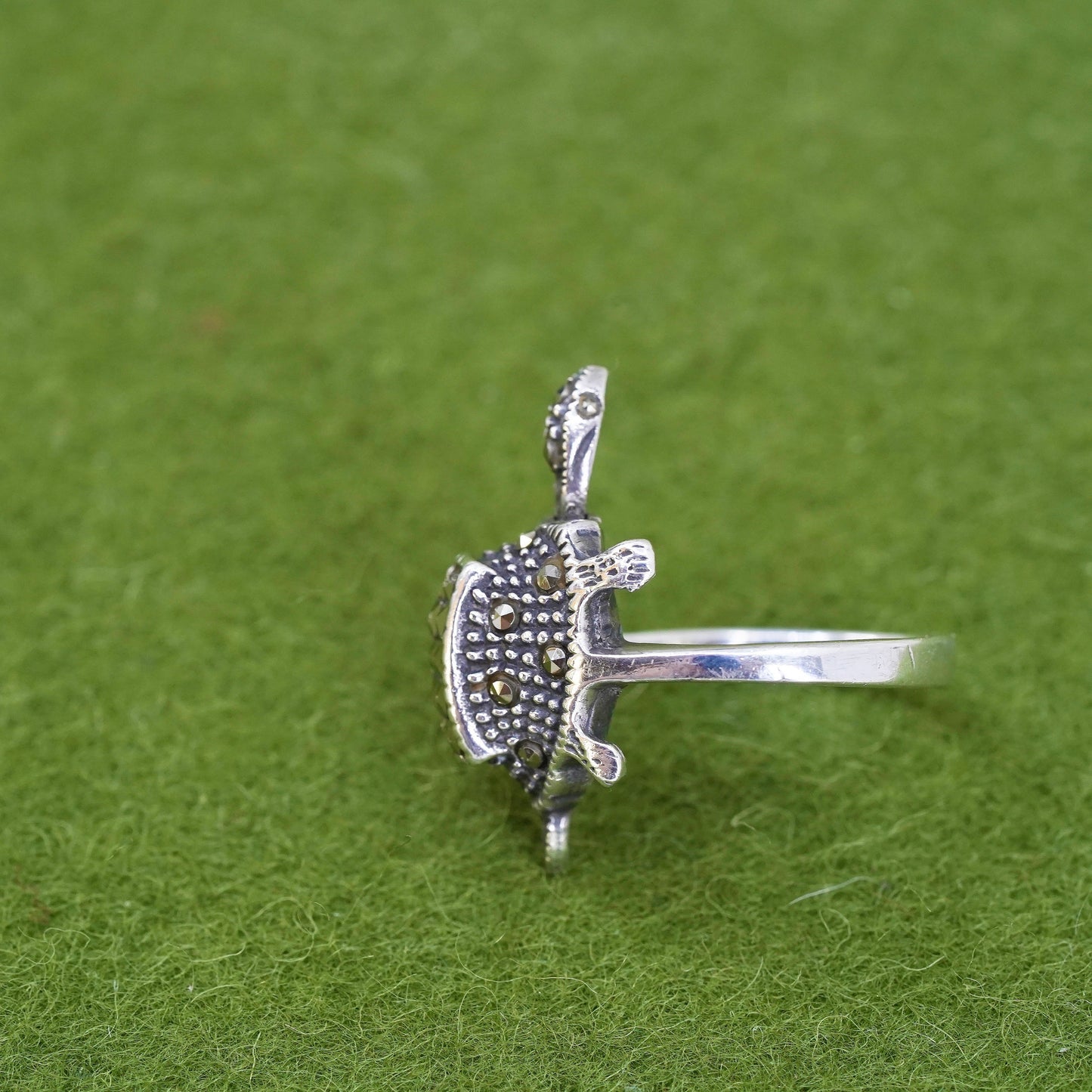 Size 7, sterling silver handmade ring, 925 turtle with movable head marcasite