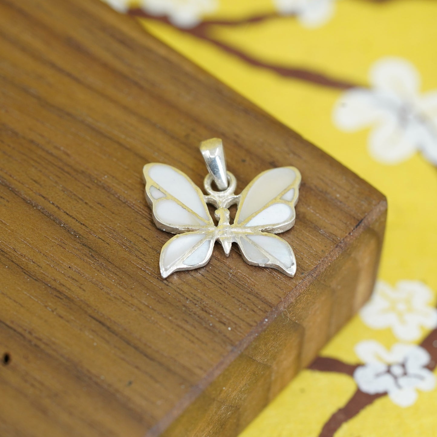 Sterling 925 silver handmade pendant, butterfly with mother of pearl inlay