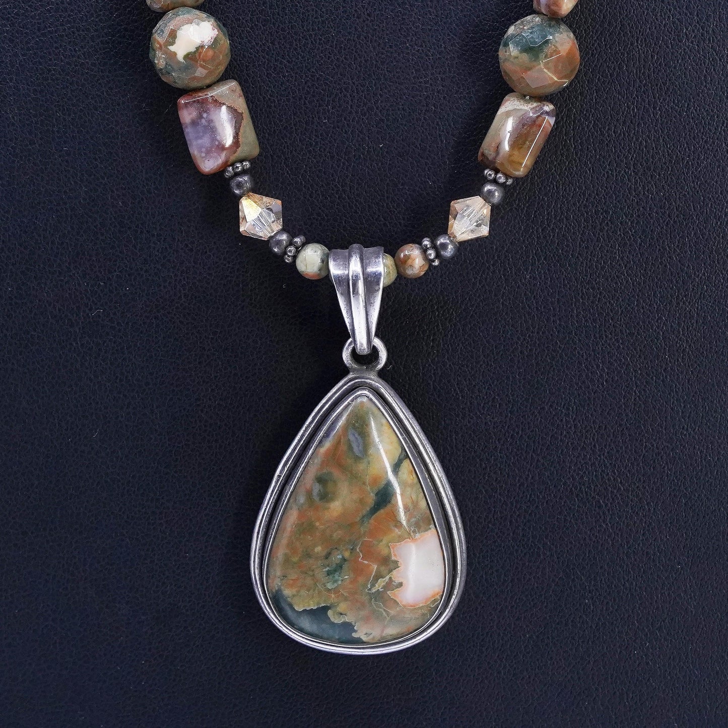 22” Sterling 925 Silver rainforest jasper beads necklace with teardrop pendant