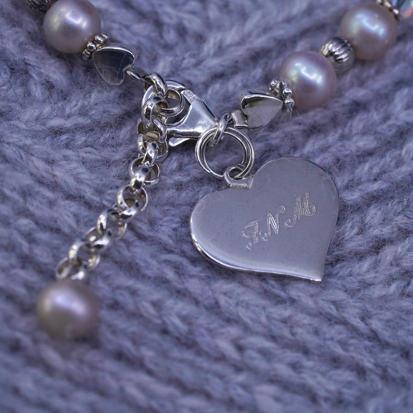 6+1", vintage Judith Jack Sterling 925 silver bracelet with pearl heart charm