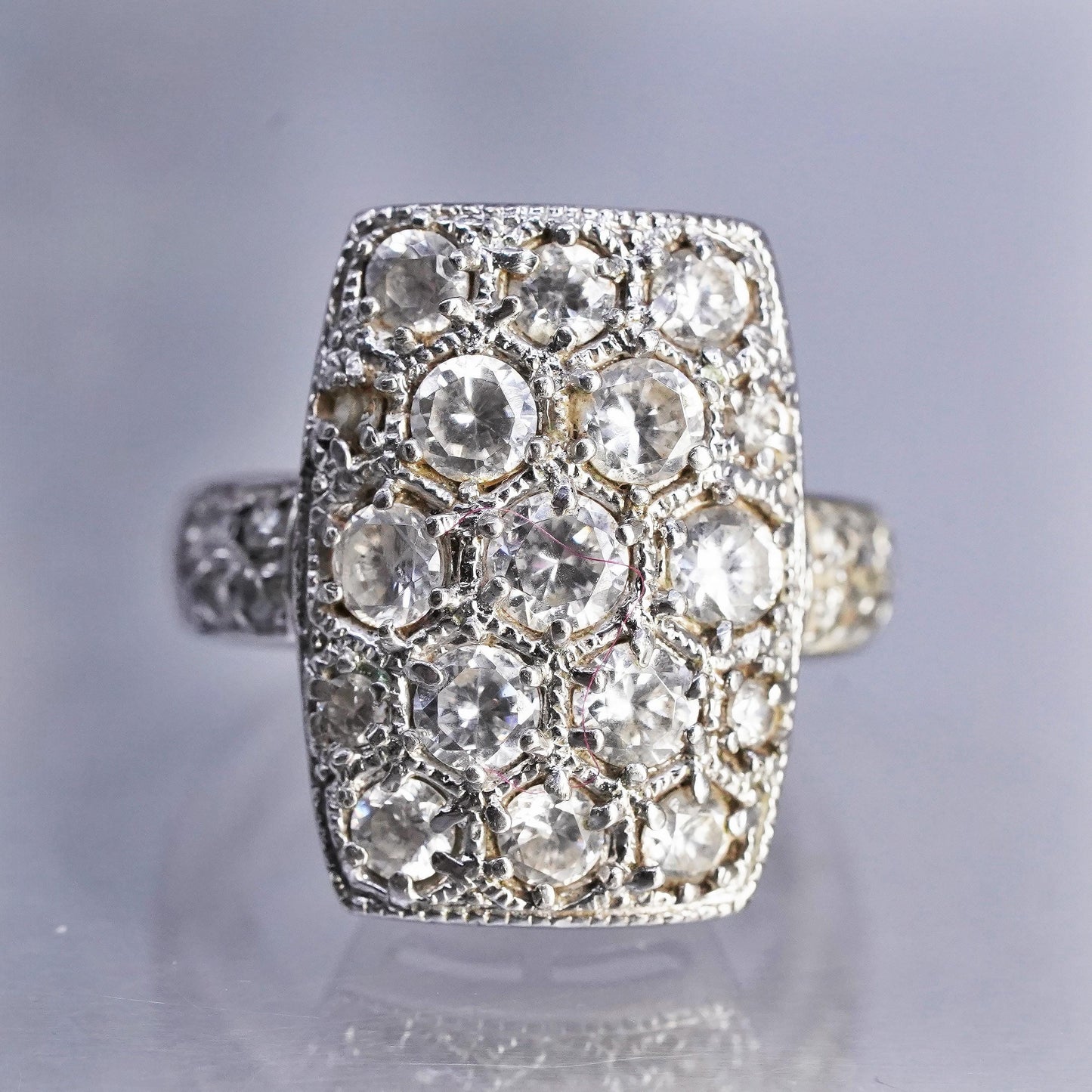 Size 6, vintage Sterling 925 silver handmade wide band ring with cluster Cz