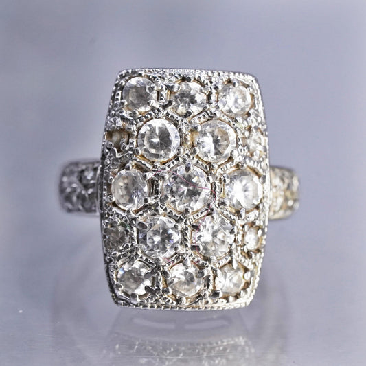 Size 6, vintage Sterling 925 silver handmade wide band ring with cluster Cz