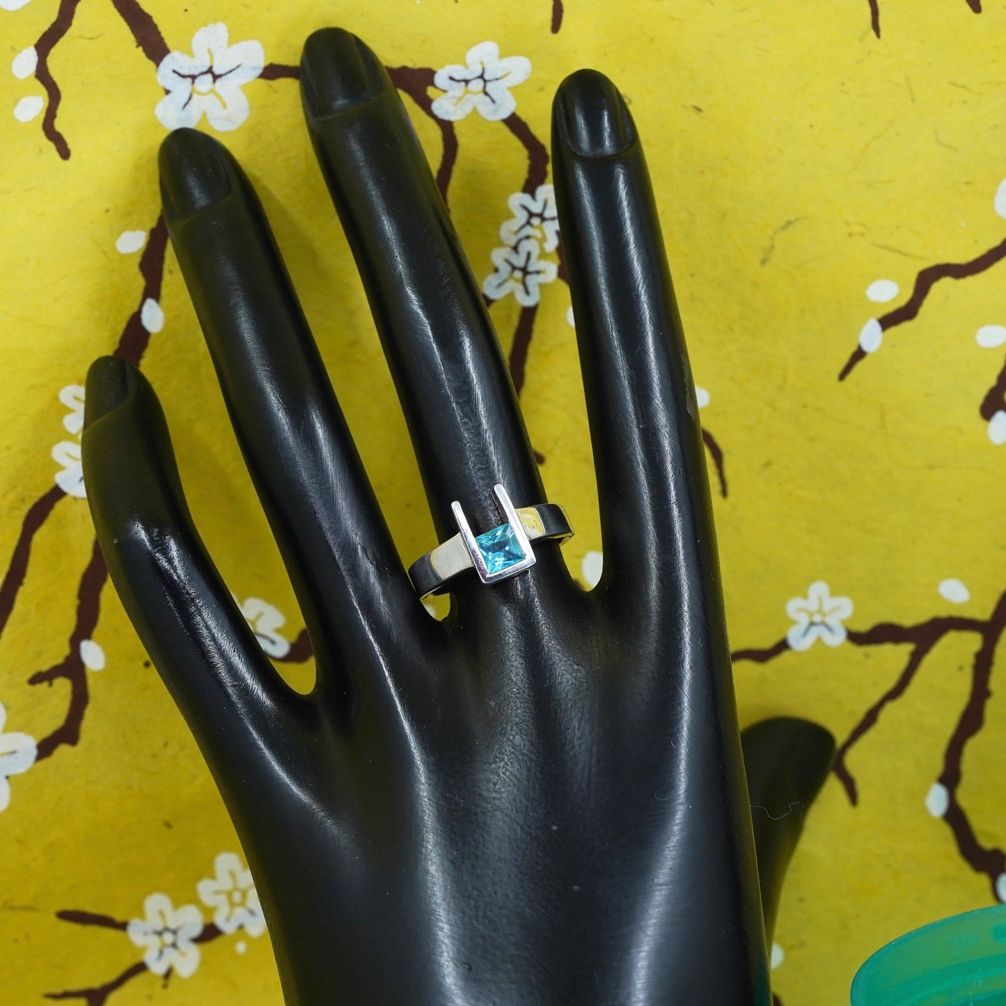 Size 8, Vintage Sterling silver handmade ring, 925 band with blue crystal