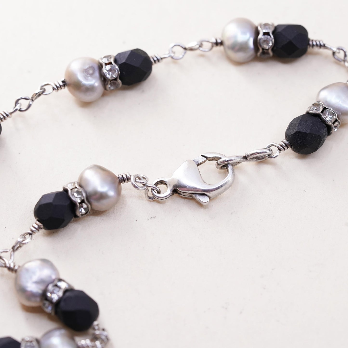 8.25", Vintage Sterling 925 silver handmade bracelet, pearl lava stone beads
