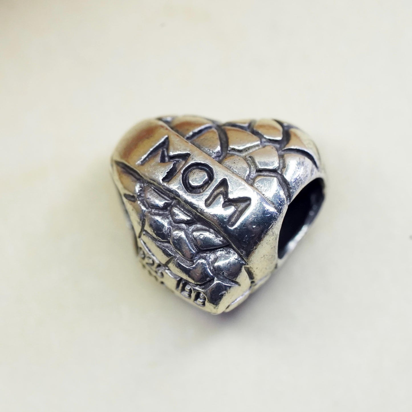 Vintage Sterling silver handmade bead charm, solid 925 silver heart pendant mom