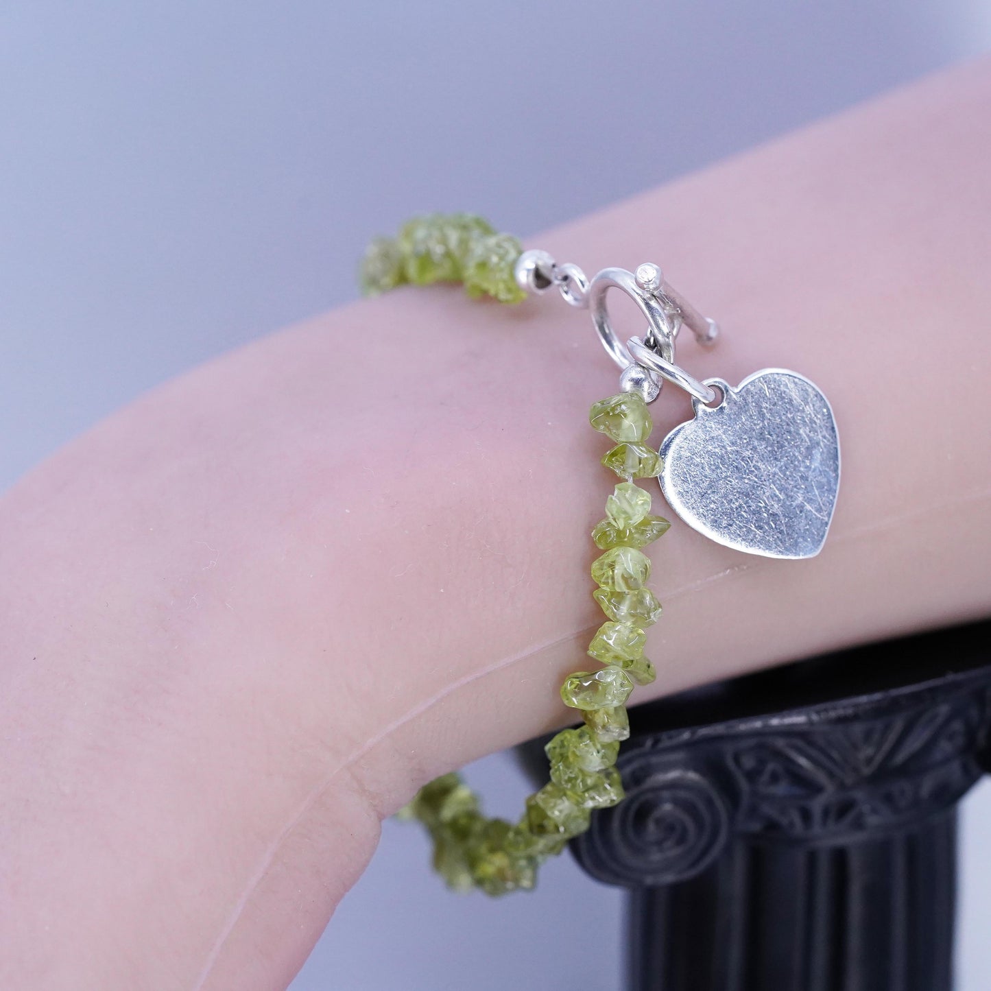 6.75", Sterling 925 Silver peridot Bead Bracelet heart charm toggle closure