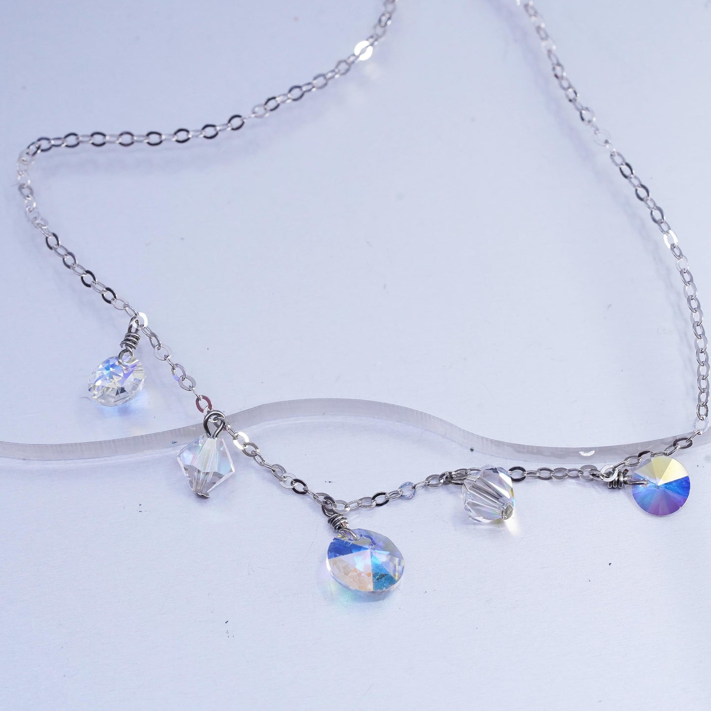 18", Vintage Sterling necklace, 925 Silver circle chain AB Crystal charms