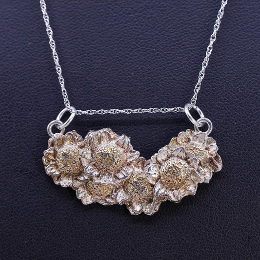 18", Sterling silver 925 Singapore rope chain necklace cluster flower pendant