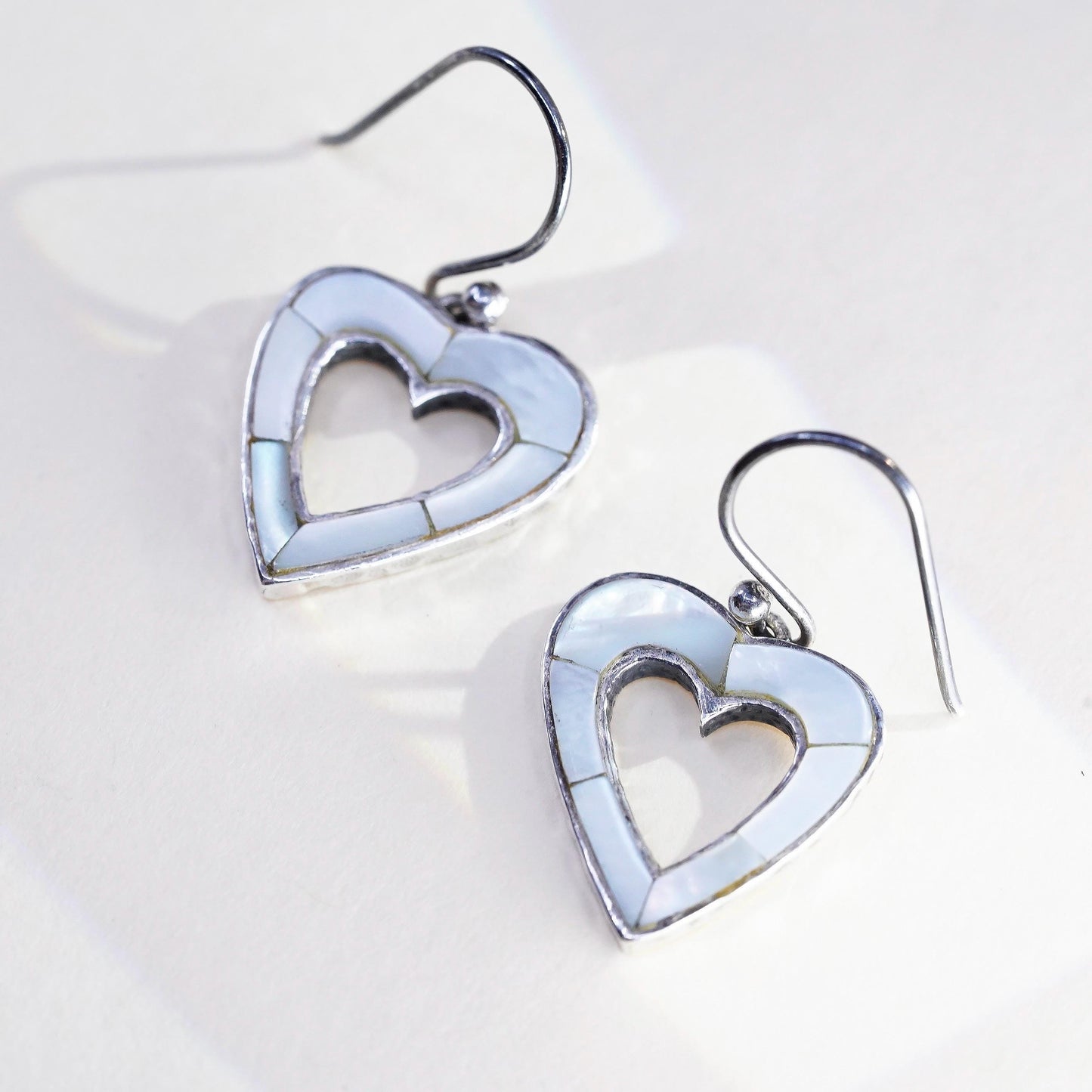 Vintage Peyote Bird sterling 925 silver earrings mother of pearl inlay heart