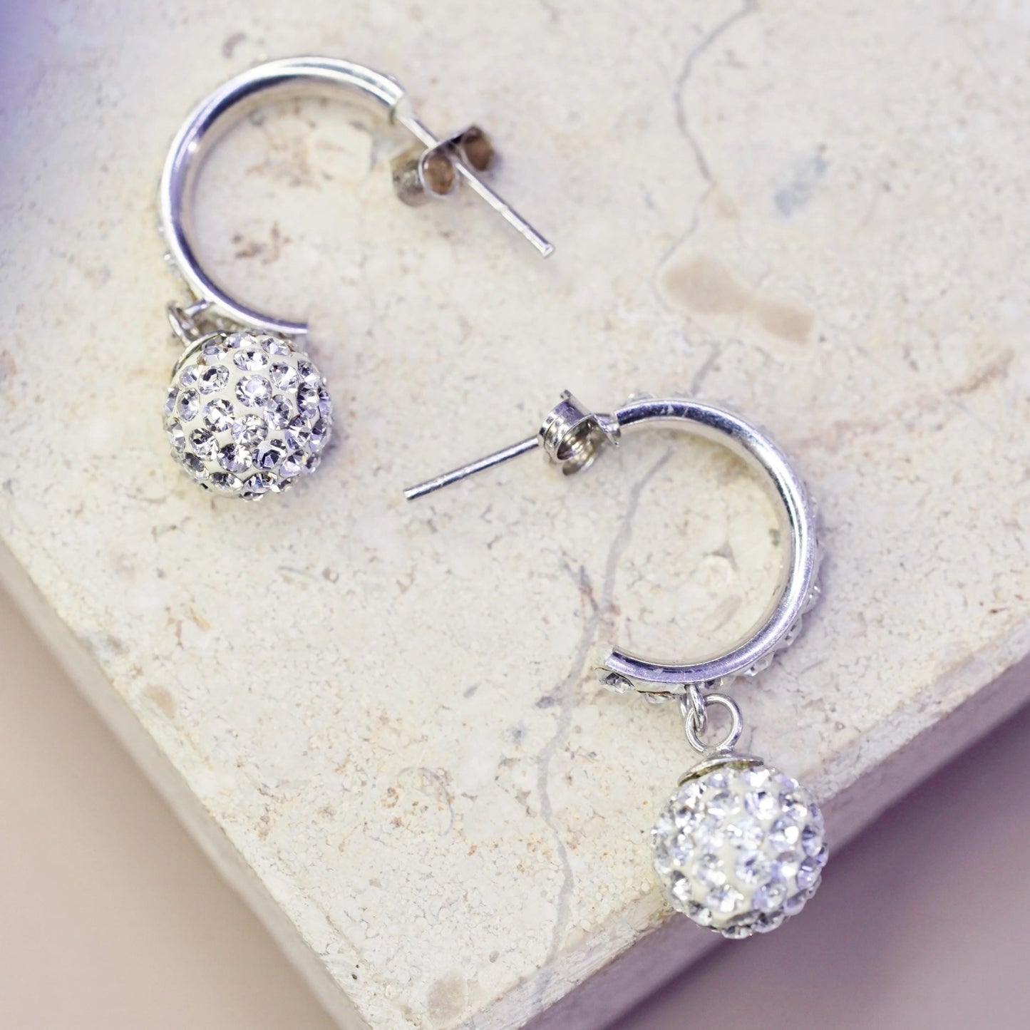0.75", Vintage Sterling silver earrings, 925 huggie studs cluster cz head drops