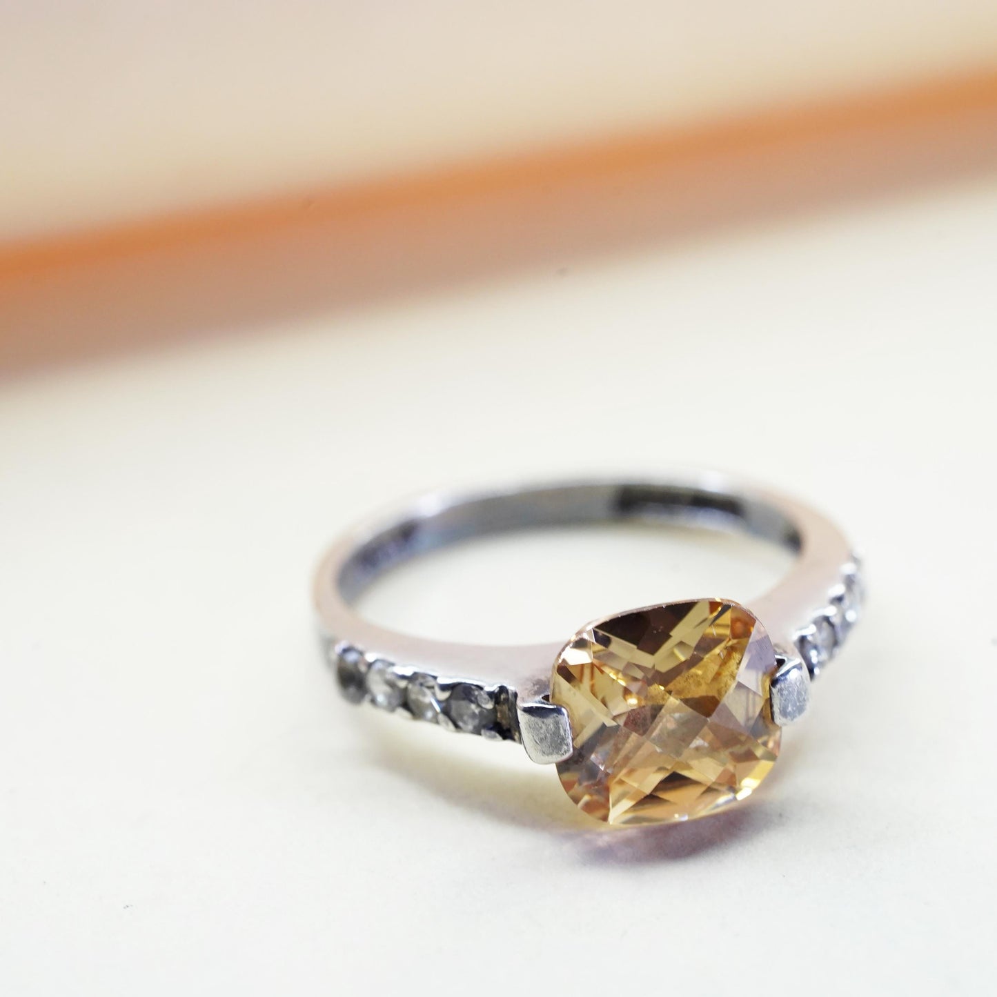 Size 8, vintage Sterling 925 silver handmade ring w/ square citrine cluster cz
