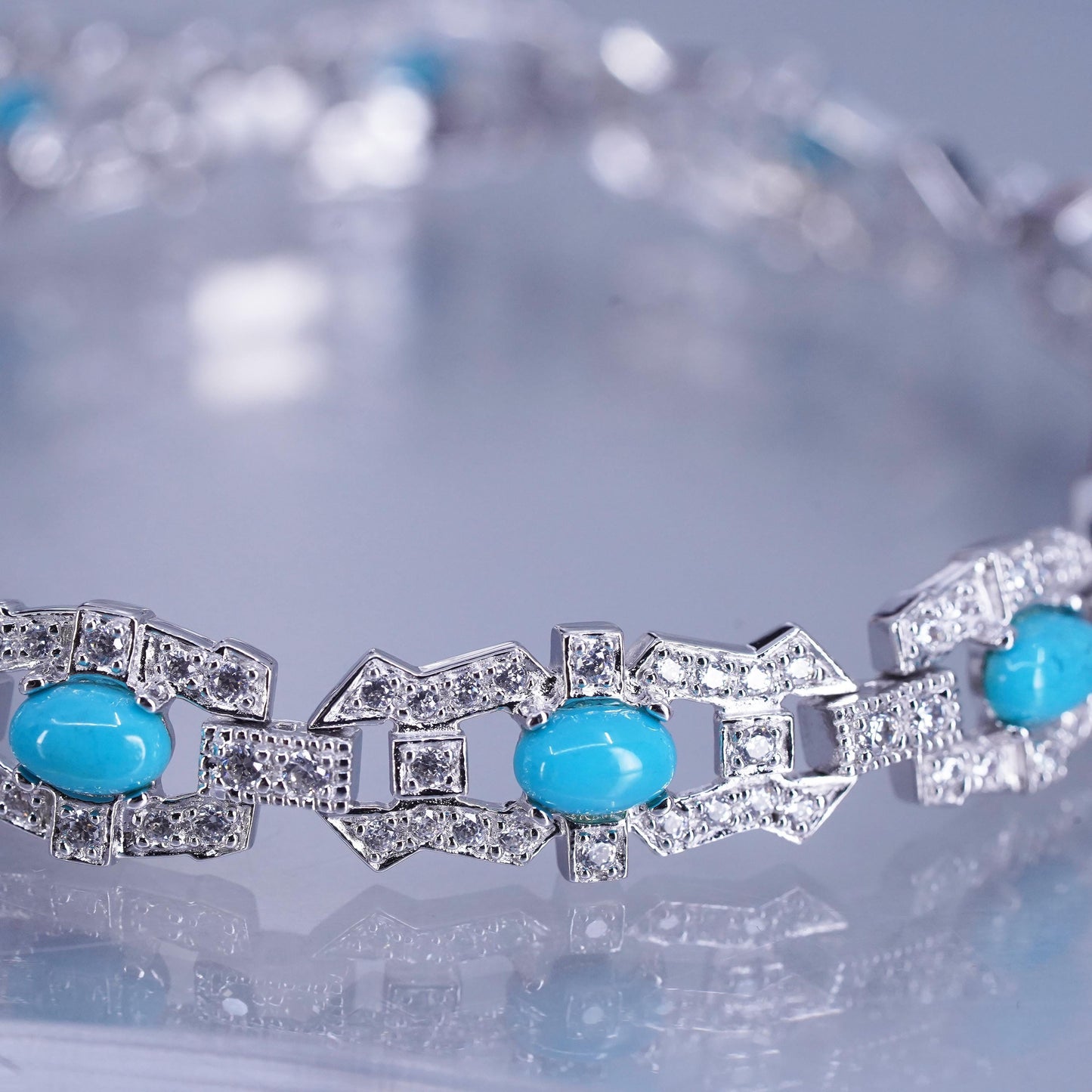 7.5”, Vintage Sterling 925 silver tennis bracelet chain w/ turquoise cluster cz