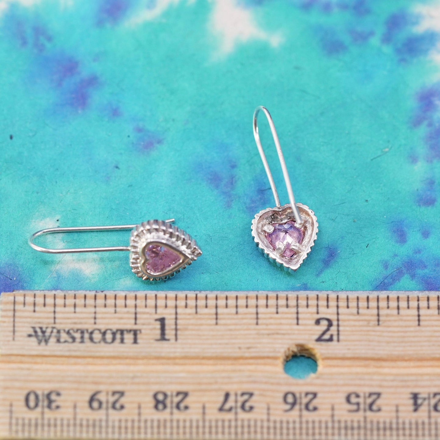 Vintage Sterling 925 silver handmade heart earrings with crystal and beads