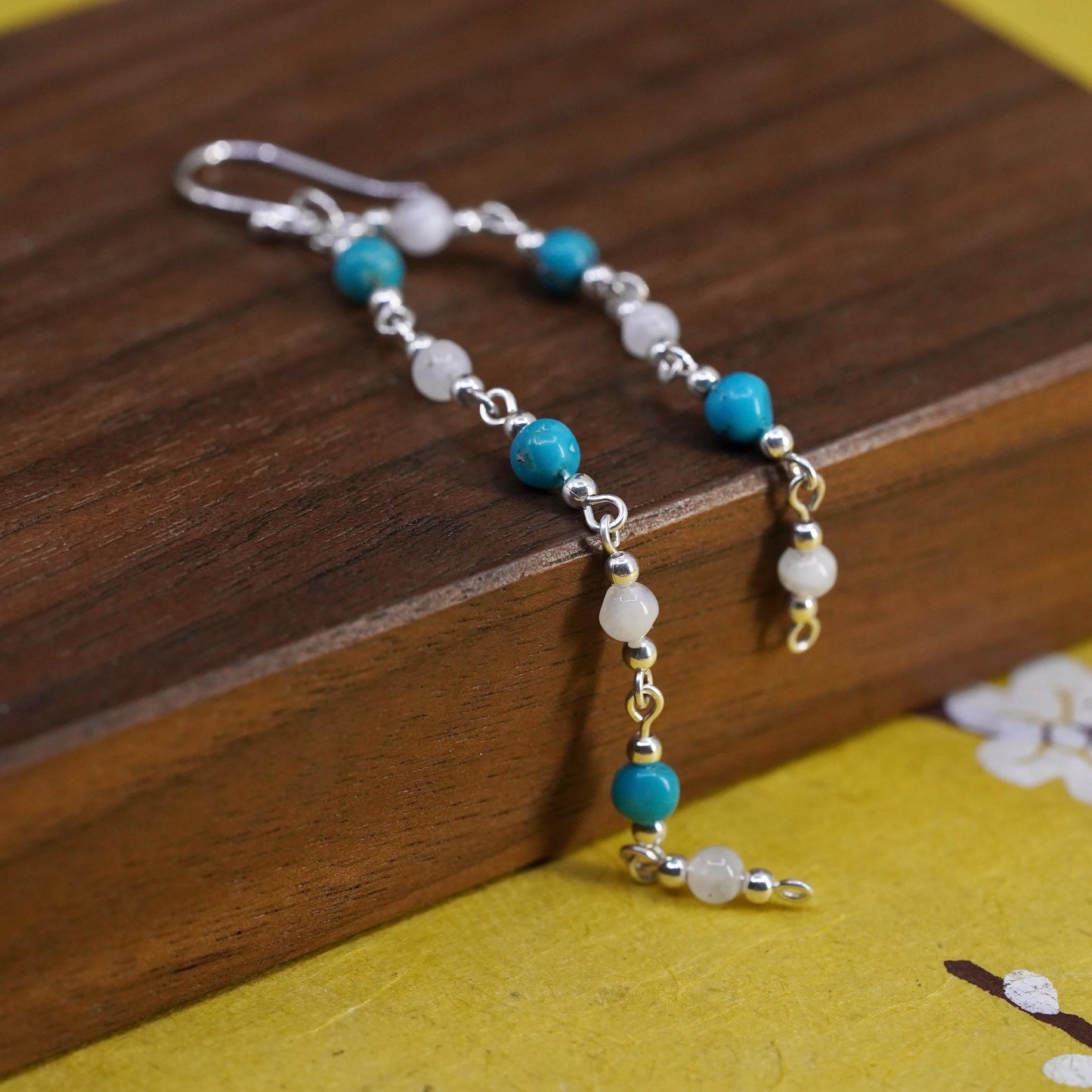 Vintage Sterling 925 silver handmade long earrings w/ turquoise moonstone bead