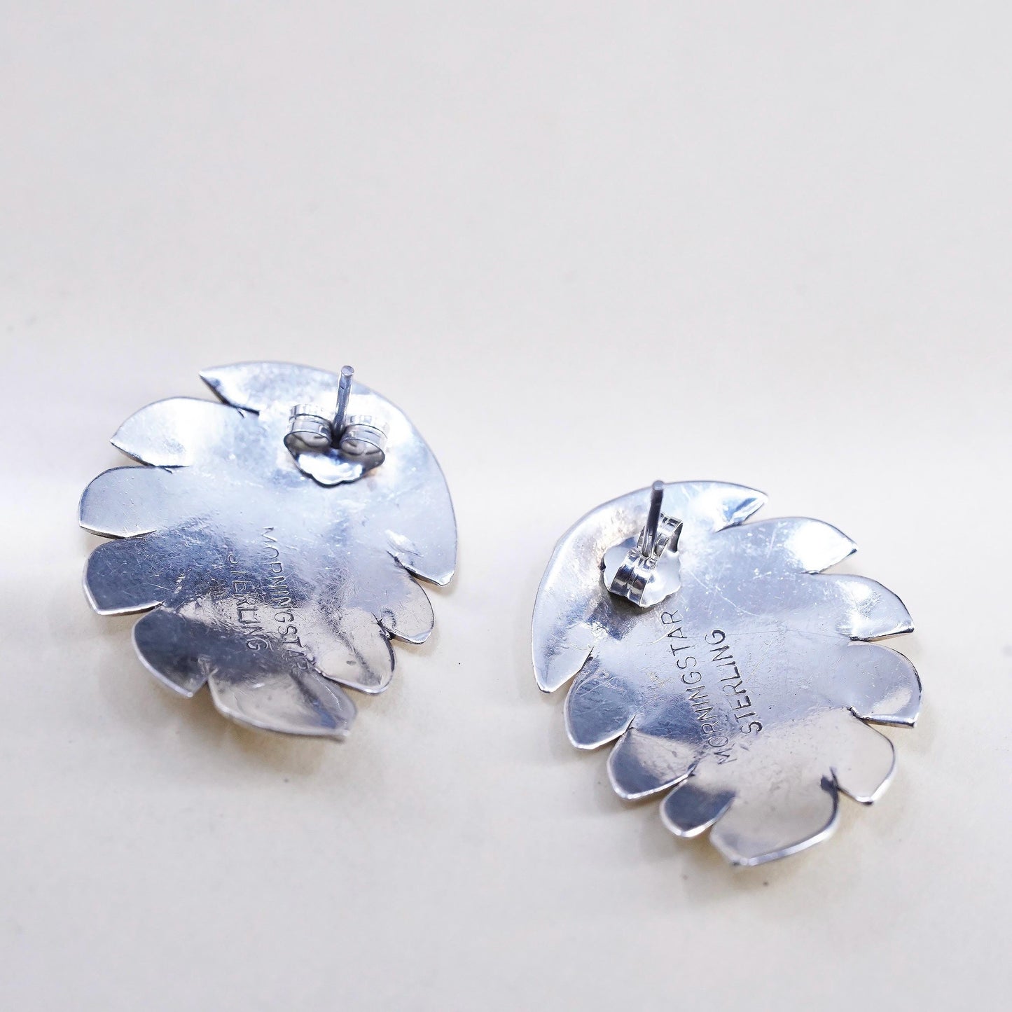 VTG Native American Morningstar sterling 925 silver earrings, curved leaf studs