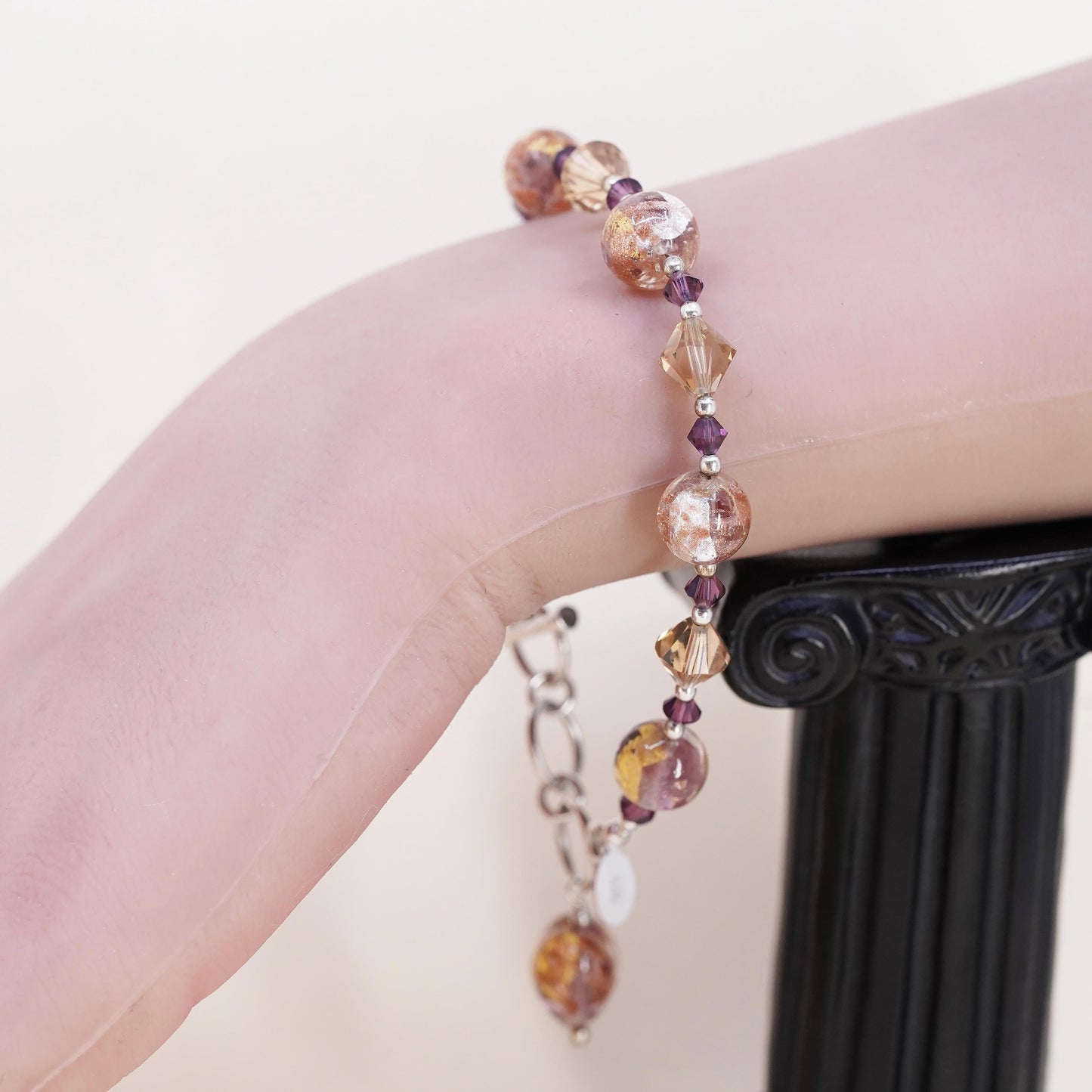 7.5+0.5" 925 Sterling silver bracelet artisan orange glass beads toggle closure