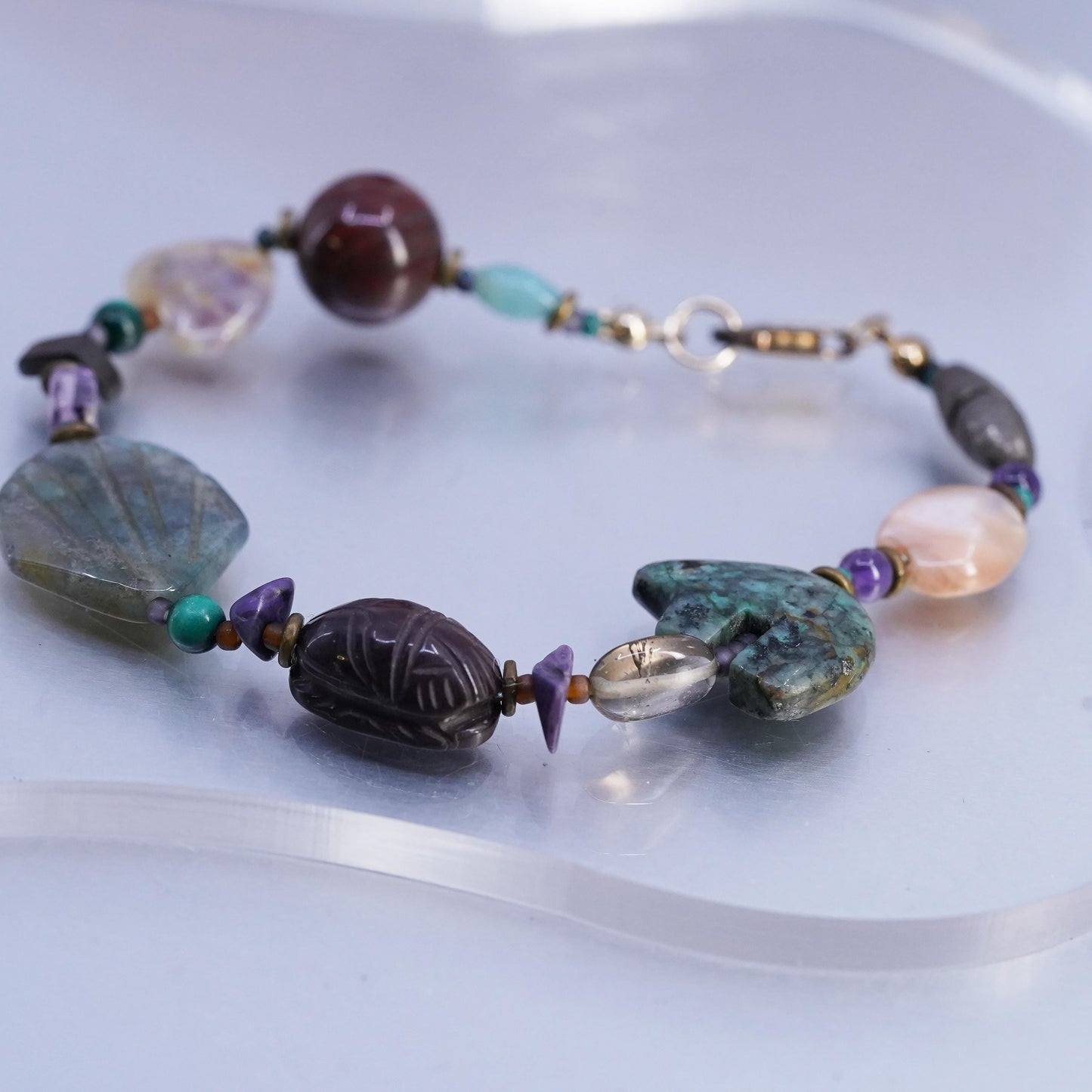 7.5", southwestern bracelet with curved turquoise bear, turtle moss agate shell
