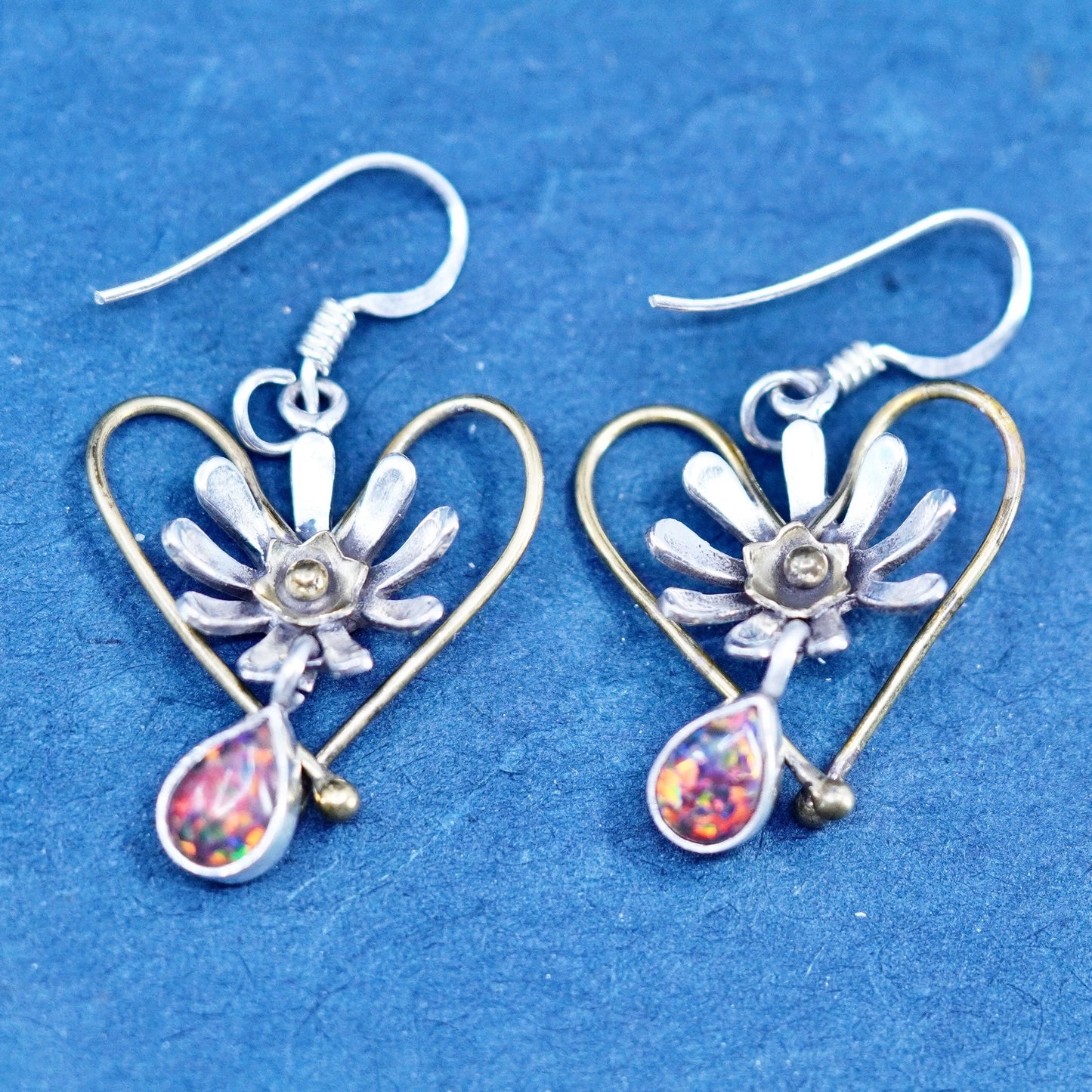 sterling 925 silver flower with brass heart earrings teardrop fire opal dangles
