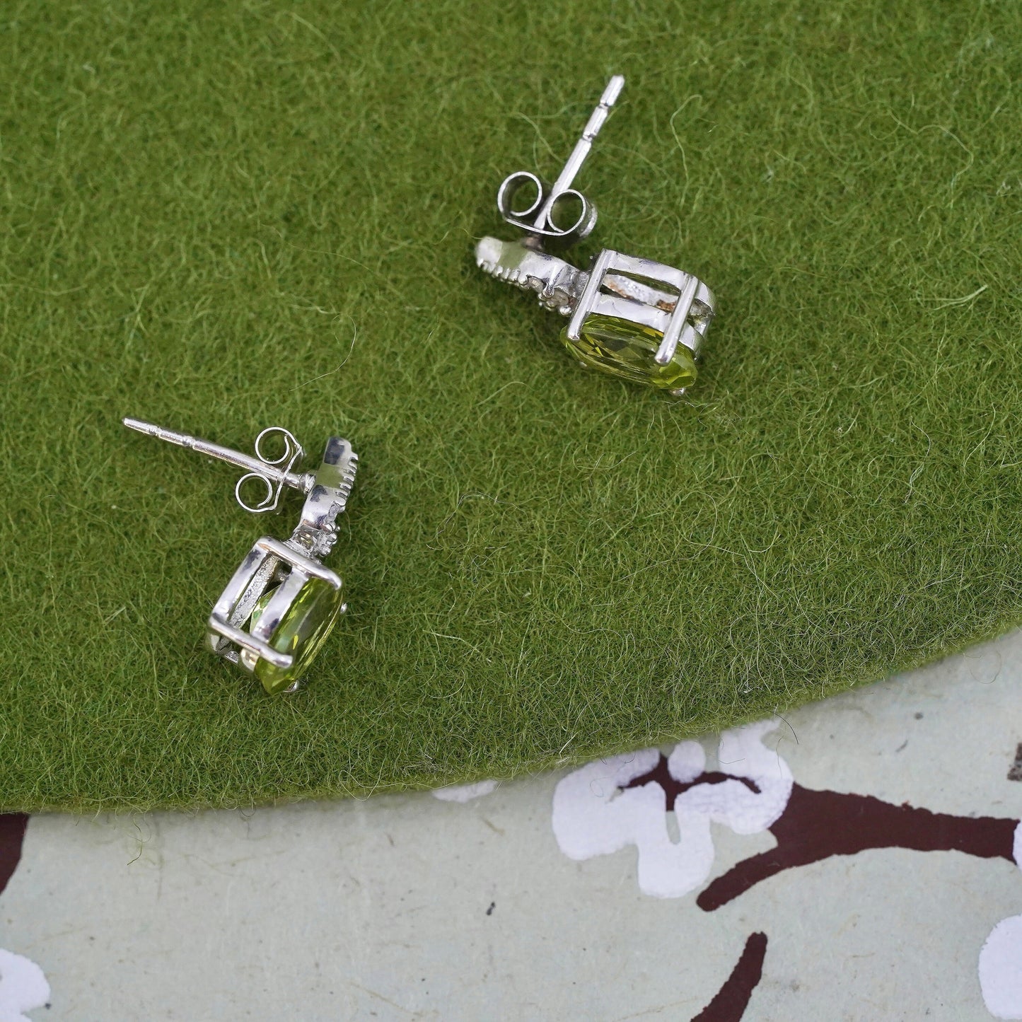 Vintage sterling 925 silver earrings w/ peridot and diamonds, minimalist studs
